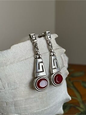 Vintage Carnelian Stone & Sterling Silver Greek Key Design 1.5” Drop Earrings